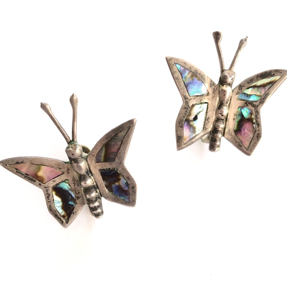 Vintage Mexico Butterfly Abalone Shell Earrings